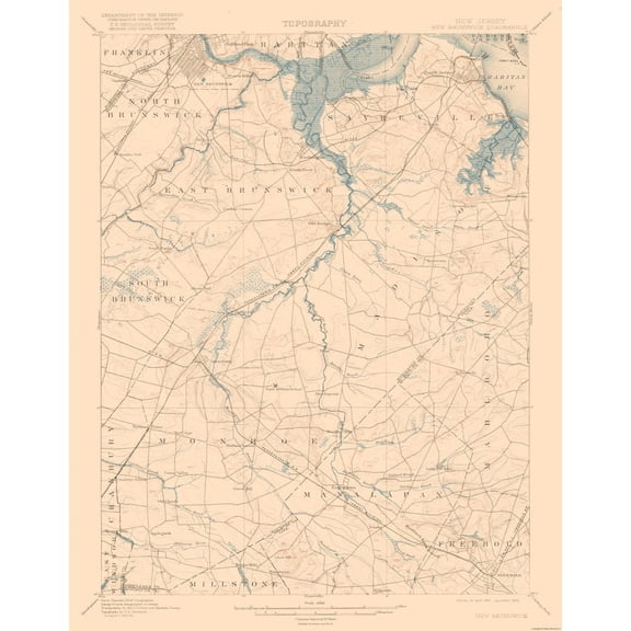 Topographical Map - New Brunswick New Jersey Quad - USGS 1901 - Vintage Wall Art