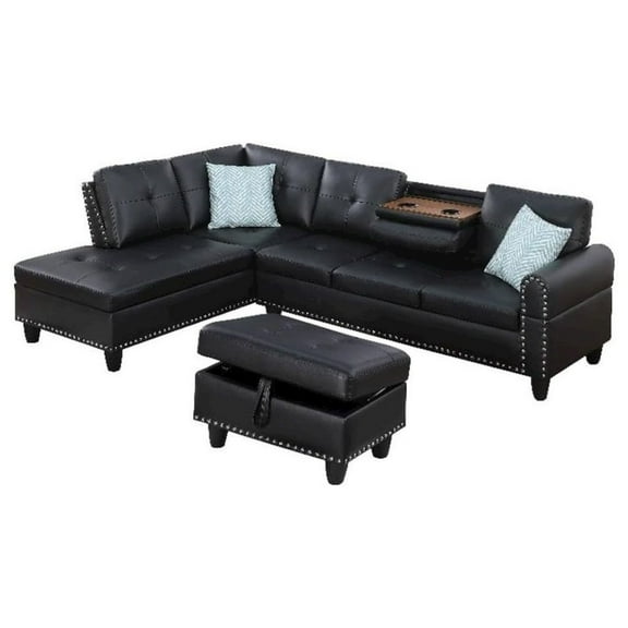 FurniFact Black Faux Leather L Shaped Couch With Ottoman, Tufted Sectional Sofa