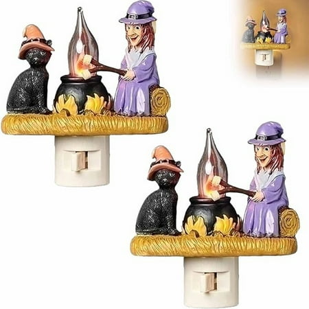 

Aijlhda Halloween Hot Sale Cat And Witch Flickering Nightlight 3D Cat And Witch Fire Night Light Lighted Halloween Witch Roasting S At Faux LED Night Light Plu