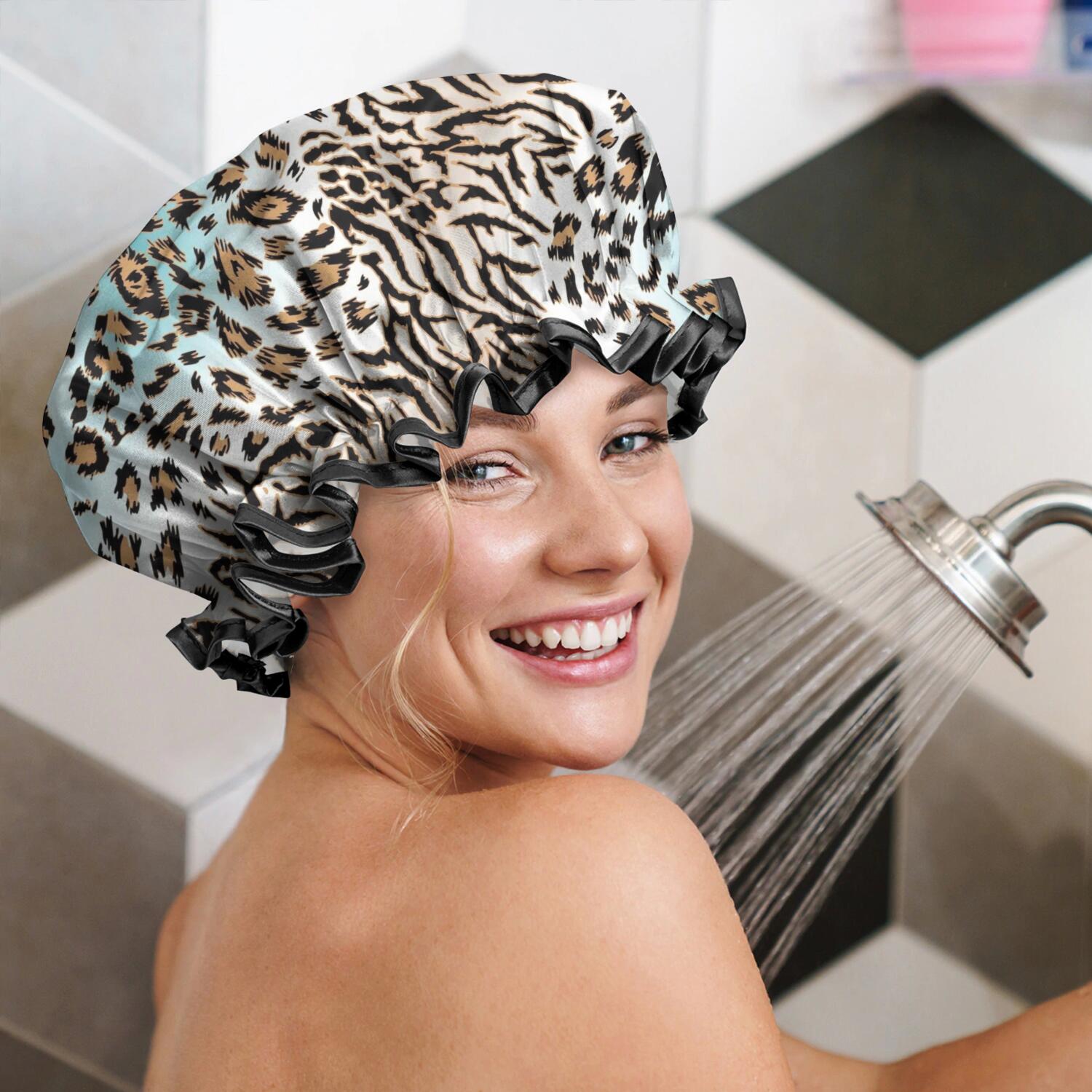 Shower Caps,Leopard and Tiger Pattern Waterproof Shower Cap for Women 4 Pieces,Double Reusable Hair Cover for Shower PEVA Elastic Stretch Hem