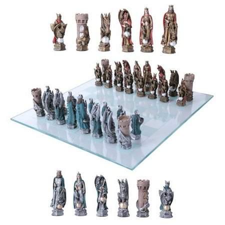 Hand Painted Polystone Chess Pieces - King Arthur Legend Merlin Dragons And Magic Hand Painted Resin Chess Pieces With Glass Board Set