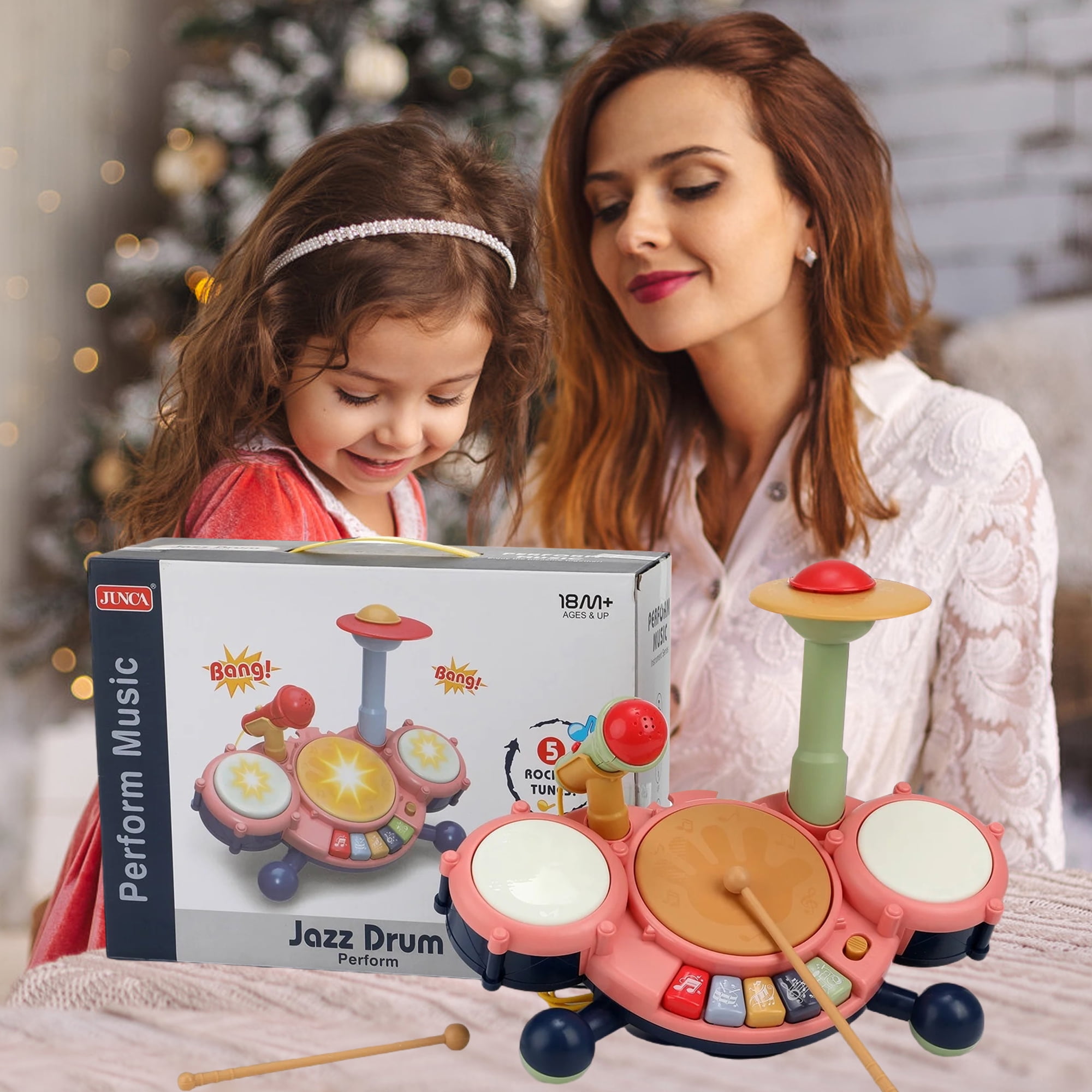JUGAAD LIFE Drum Set for Toddler Kids, Baby Drum Set Toys Gift for 1 2 3 Year Old, Musical Instruments Learning Toys with 2 Drumsticks and Microphone (Pink)