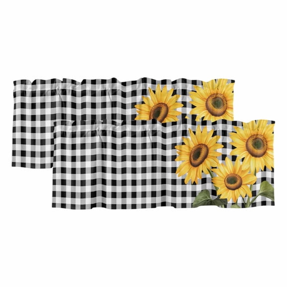 2 Pack Sunflower Valance for Window Black and White Buffalo Plaid Spring Summer Floral Kitchen Valance Rod Pocket Short Curtain Topper Decorative Window Treatment for Living Room Bedroom 54"x18"