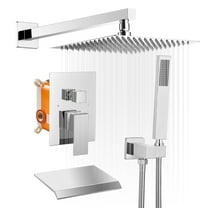 BWE 12 Inch Chrome Shower System Faucet Waterfall Tub Complete with Spout Set Square Luxury Rain Mixer Pressure Balancing 3-Function Wall Mount Rainfall Rough-in Valve Body and Trim