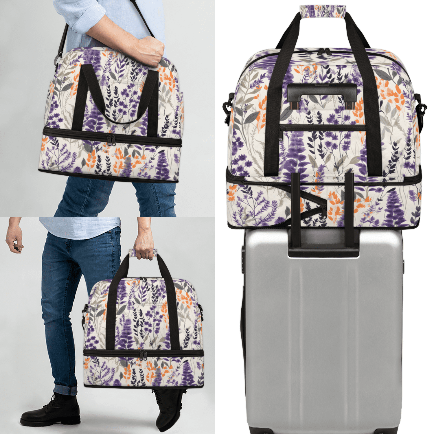 Herdesigns Floral Foldable Travel Duffle Bag for Women and Men Lightweight Carry On Overnight Bag Lavender Gym Luggage Weekender Bags with Shoe Compartment