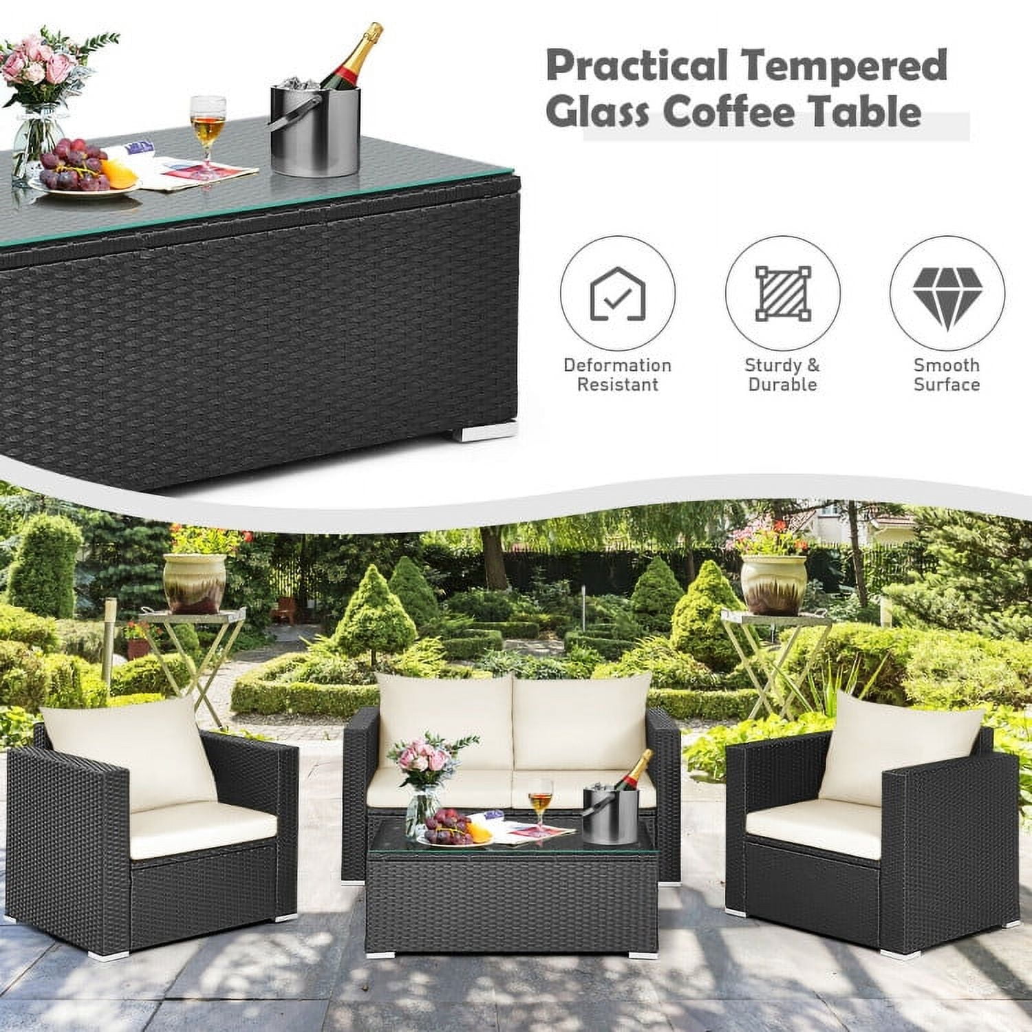 Aimee Lii 4 Pieces Patio Rattan Conversation Set, Small Patio Set with Padded Cushion and Tempered Glass Coffee Table, White Aimee Lii 4 Pieces Patio Rattan Conversation Set, Small Patio Set with Padded Cushion and Tempered Glass Coffee Table, White