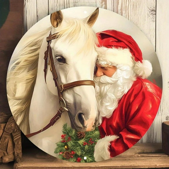 HELLOYOUNG Santa & Horse 8x8" Round Aluminum Sign - Vintage Christmas Wall Decor for Home, Office, Cafe | Perfect Holiday Gift