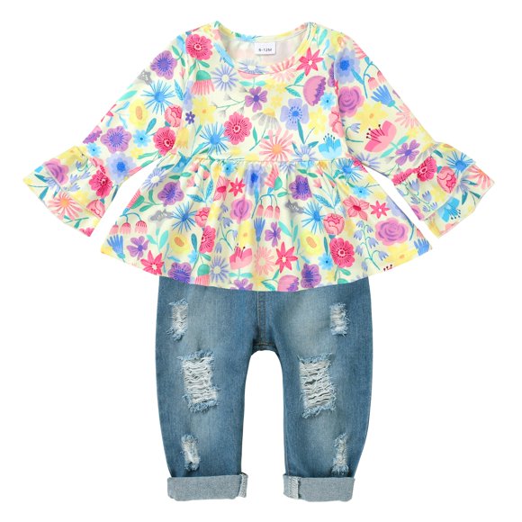 Conjunto de top con volantes florales y jeans de mezclilla rasgados para niña pequeña CARETOO