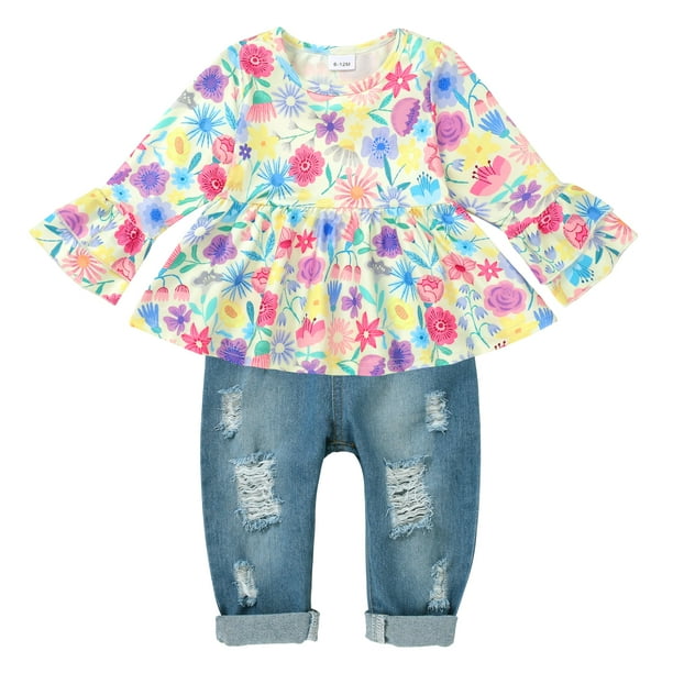 Conjunto de top con volantes florales y jeans de mezclilla rasgados para niña pequeña CARETOO