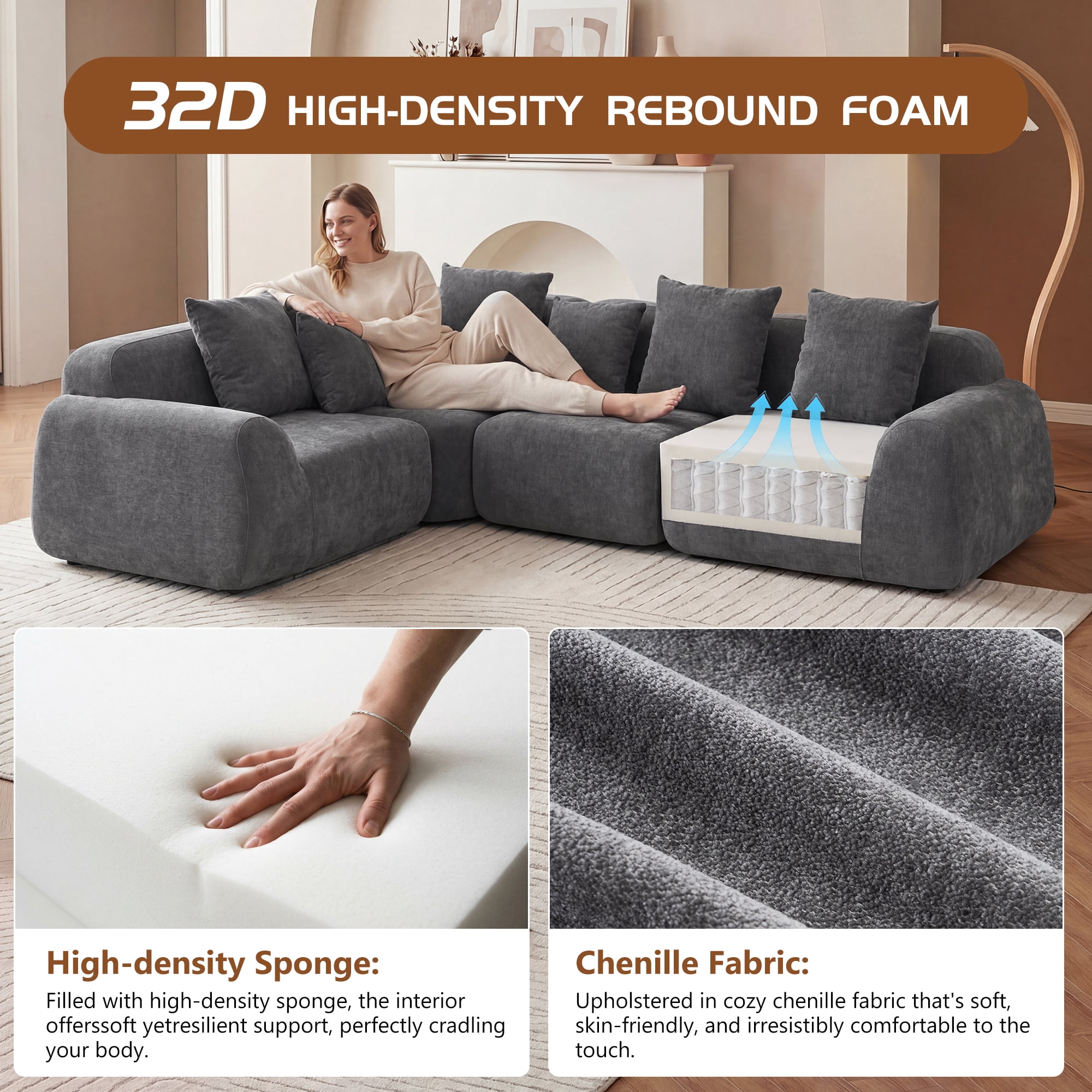 118" Wide Curved Velvet Modular Sectional Sofa, Oversized L-Shaped Cloud Couch with Memory Foam