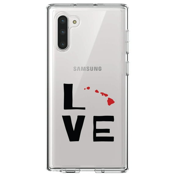 DistinctInk Clear Shockproof Hybrid Case for Samsung Galaxy Note 10 (6.3" Screen) - TPU Bumper Acrylic Back Tempered Glass Screen Protector - Hawaii - Love Black & Red