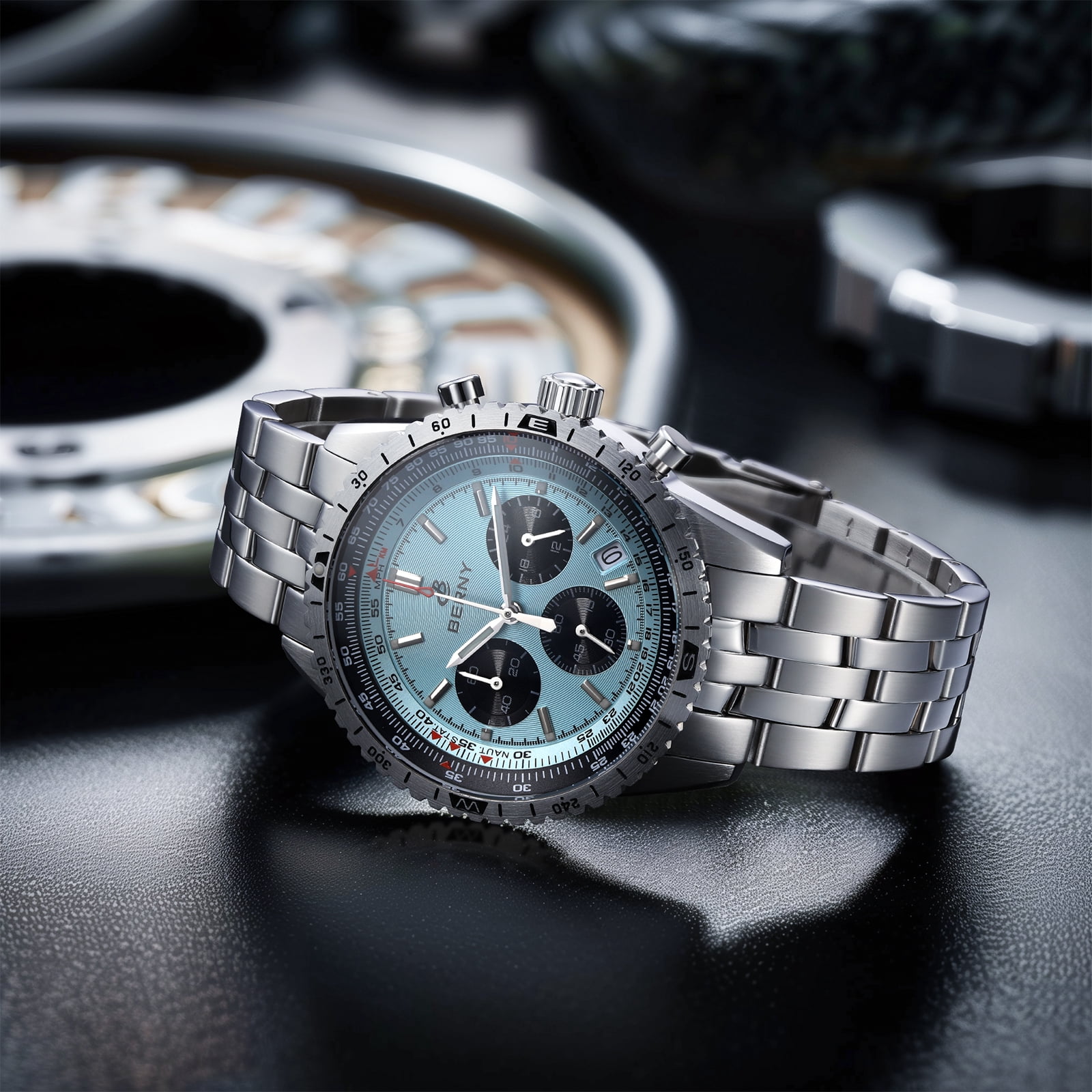 BERNY Silver Chronograph Watches for Men, Sport Luxury Analog Quartz Watch with Tachymeter, Stainless Steel, Waterproof, Luminous, Sapphire Crystal, Date Calender, Men's Wristwatch (Light Blue)