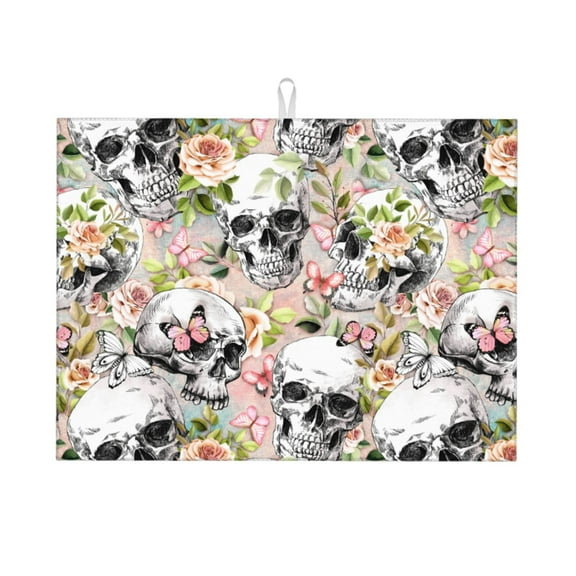 Flower Butterfly Sugar Skull Drying Mat 18” X 24” – Absorbent Microfiber Kitchen Counter Mat For Dishes, Utensils & Produce | Non-Slip, Quick-Dry, Machine Washable