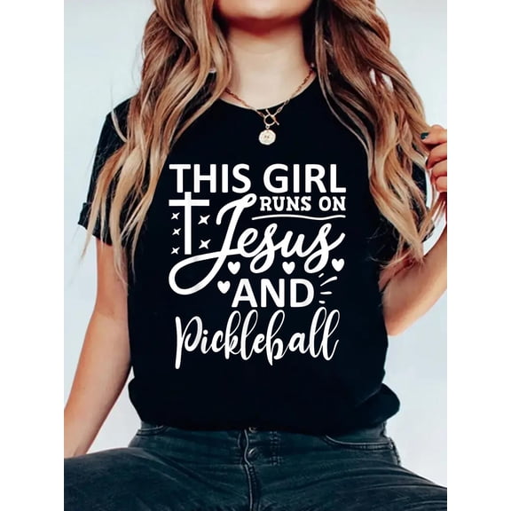 Cotton This Girl Runs On Jesus And Pickleball Christian Religious T-Shirt Women's Graphic Tee Casual Tops