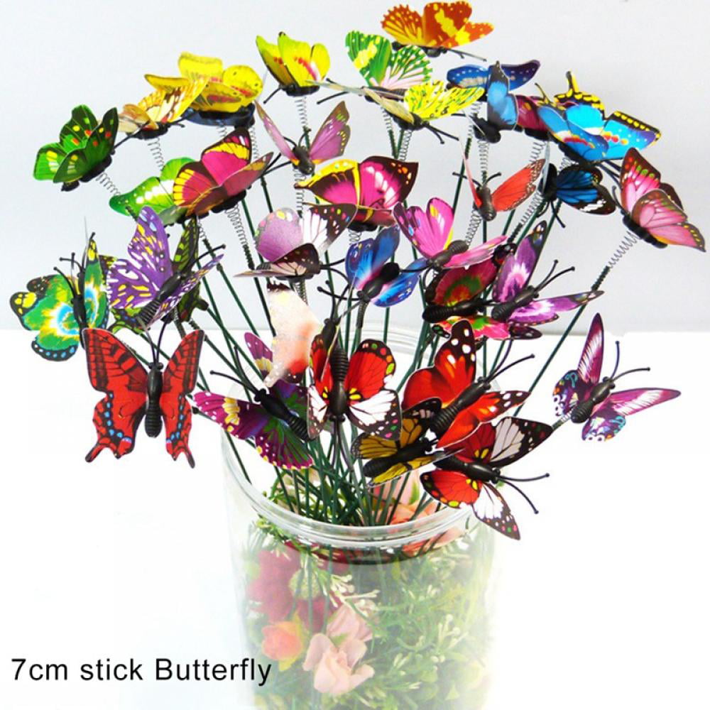 Colorful 7cm Butterfly Plastic On a Stick Plant Flower Pot Vase Garden Decor Hot