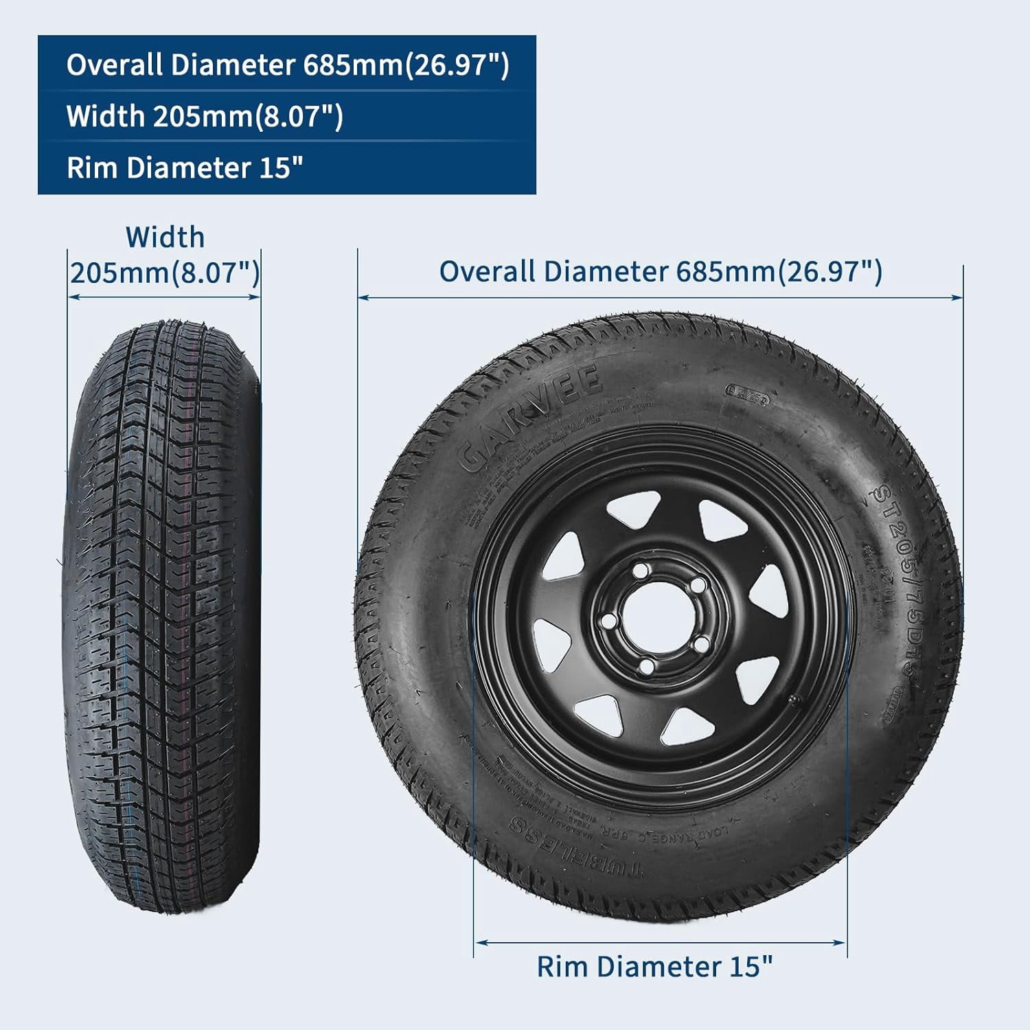 2-Pack Trailer Tire On Rim ST205/75D15 Trailer Tires and Wheels 5 Lug Trailer Tires with 15In Rims Load Range C 6PR Black