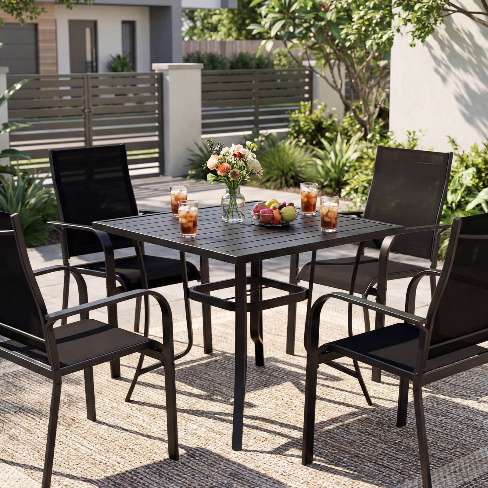 Costway 5 PCS Patio Furniture Dining Set, Outdoor Square Table & Stackable Chairs with Umbrella Hole Black