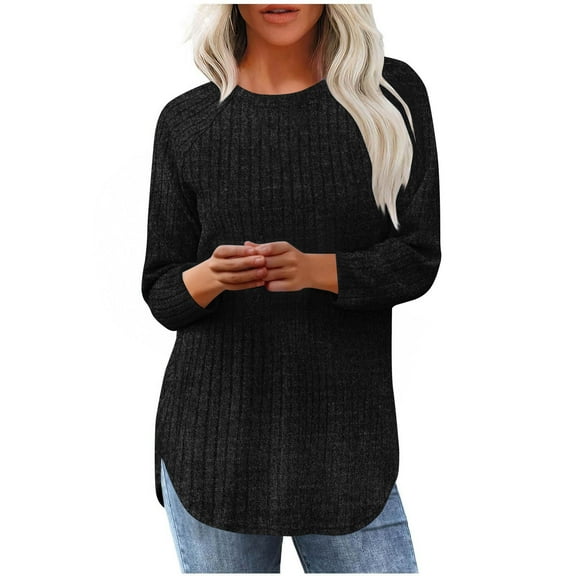 Fesfesfes Women'sFall Winter Blouses Casual Solid Color Round Neck Curved Hem with Side Slits 3/4 Sleeve Blouses Trendy Comfy Shirts(Black,M)