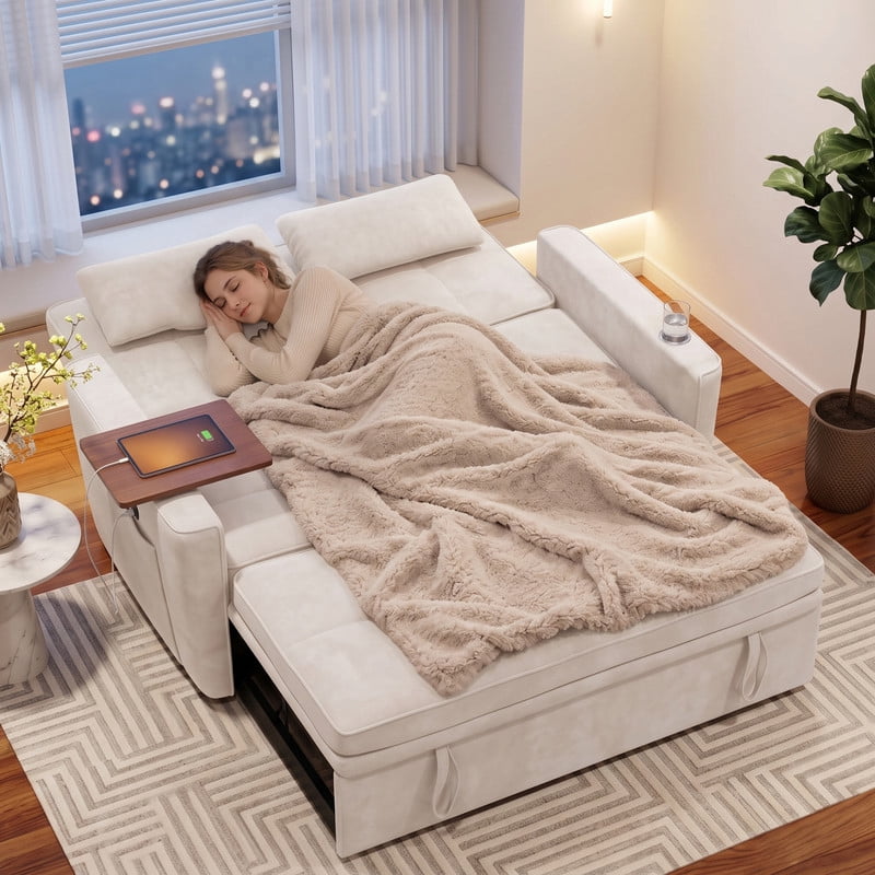 avobird 54'' Pull Out Sofa Bed, Convertible Sleeper Couch for for Living Room, Side Desk, USB Ports, Cup Hold, Velvet Fabric, Adjustable Backrest, Beige
