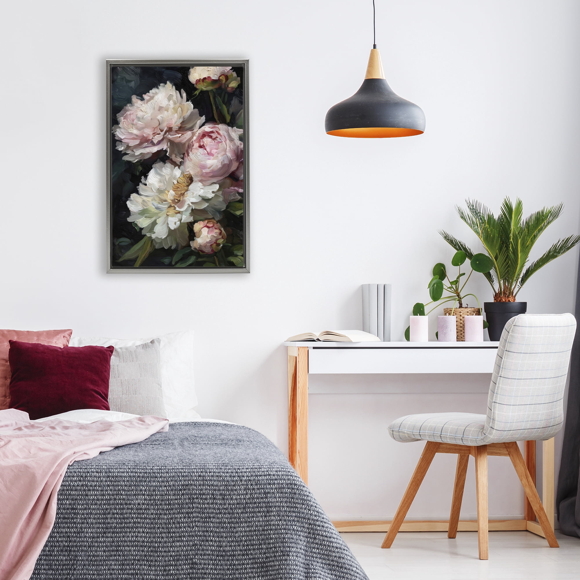 Stupell Industries Soft And Moody Peonies Gray Framed Floater Canvas Wall Art, design by Petal Prints Design