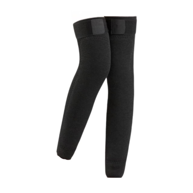 calentador de rodillas de invierno, mangas antideslizantes para mujeres y hombres, mangas para articulaciones de 55 centímetros — par de mangas negras para rodilla en vista frontal 3/4, silueta tubular ajustada en felpa con borde superior ancho y correa de compresión ajustable con velcro; forro de vellón engrosado según ficha, diseñado para soporte articular y calidez en clima frío; también es adecuado para mantener las piernas calientes durante actividades al aire libre.