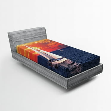 Ambesonne Landscape Fitted Sheet, Calm Evening Sailing, Twin XL Size, Dark Blue Orange White