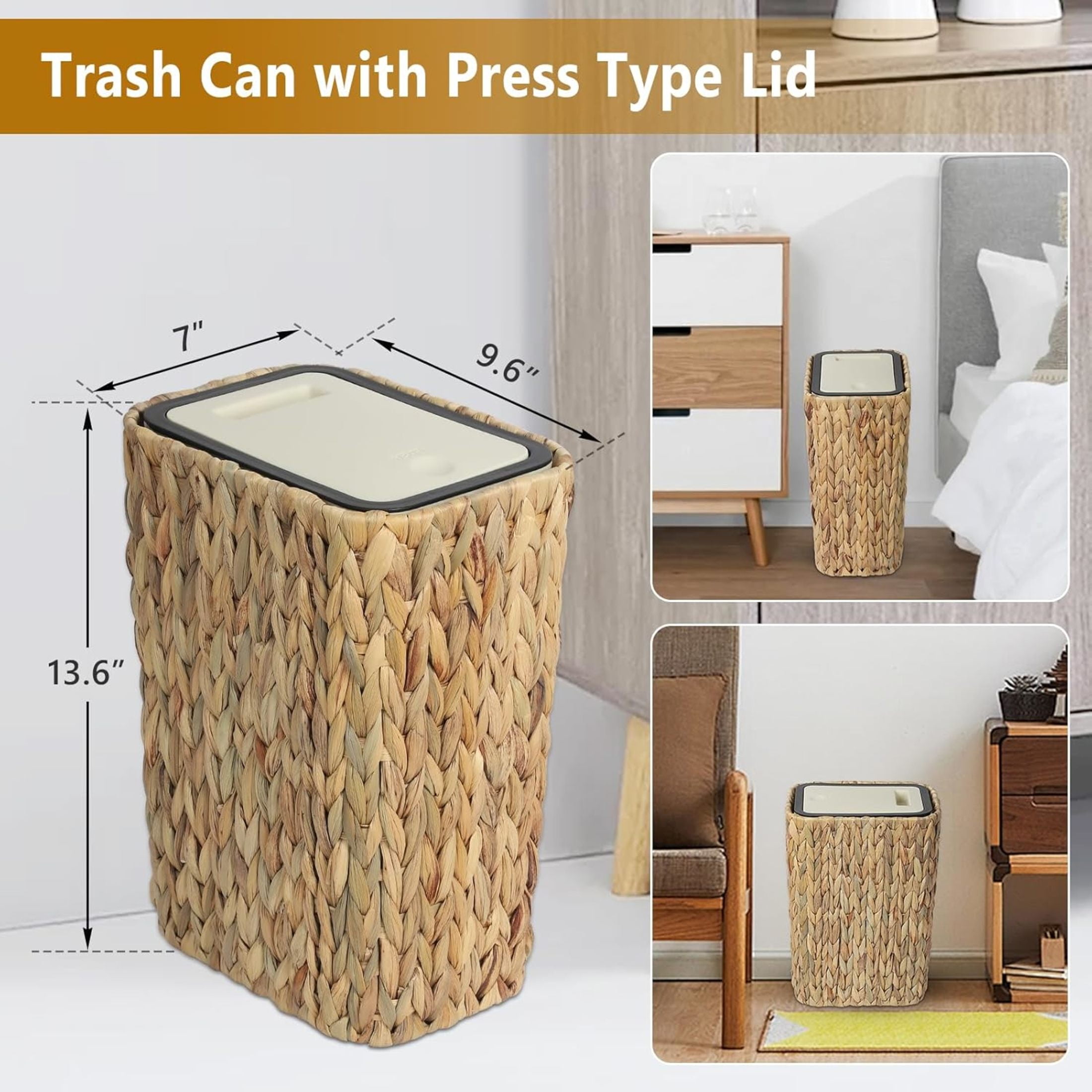 Noble House 2.6 Gallon Boho Rattan Bathroom Trash Can with Press Top Lid, Slim Lidded Wastebasket, Light Brown