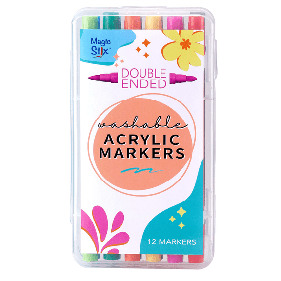 Double-Ended Washable Acrylic Markers for Kids, Dual Tip (Bullet & Fine), Multi-Surface, Non-Toxic, 12 Pack