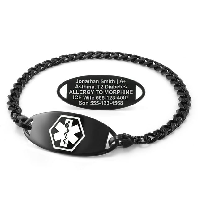 MedicEngraved Black Stainless Steel Custom Medical Alert Bracelet - 5mm Curb Link