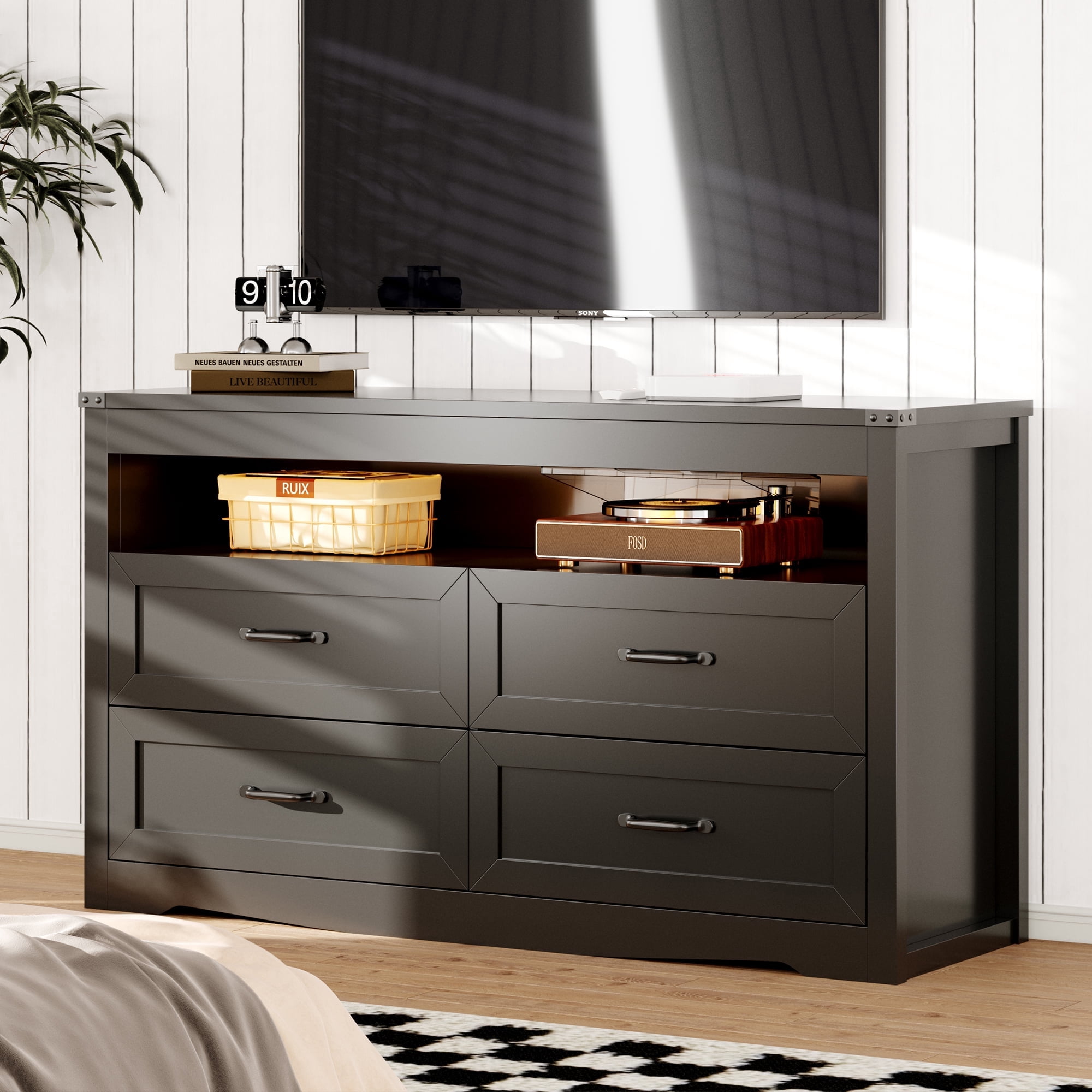 FANRAL 4 Drawers Dresser & Open Shelf for Bedroom,Modern Wooden Chest of Drawers with LED Light,Storage Organizer Dresser for Closet,Black Dresser
