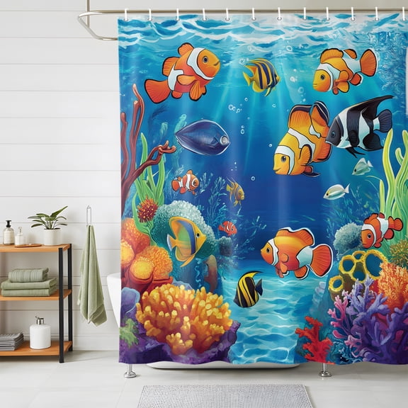 Shower Curtains for Bathroom, Ocean Coral Fish Waterproof Fabric Shower Curtain, Colorful Underwater World Seagrass Decorative Bathroom Curtain for Bathtub, 72"x72", No Hooks Included
