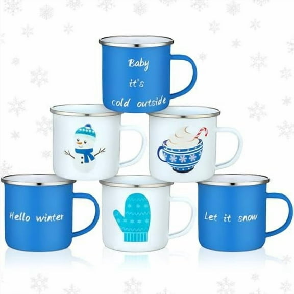 Christmas Mugs Set of 6 - Winter 9 oz Coffee Cups With Handle, Holiday Enamel Mini Mug for Hot Cocoa, Camping, Xmas Tea Party Gifts and Supplies
