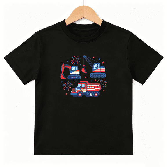 USA Flag Construction Trucks Boys Graphic Tee, Patriotic 4th July 100% Cotton Kids Short Sleeve T-Shirt 4-13Y