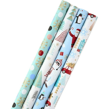 

Holiday Wrapping Paper Bundle with Cut Lines on Reverse Quirky Christmas (Pack of 4 120 sq. ft. ttl) Yeti Santa Penguin Snowflakes Blue Gold 5JXW1042