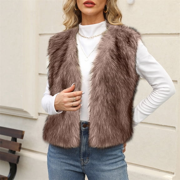 Women's Faux Fur Sleeveless Vest, Eco-Friendly Plush Waistcoat, Stand Collar Open Front Gilet, Warm Padded Layer, Cropped Fleece Jacket, Casual Layering Piece Brown L