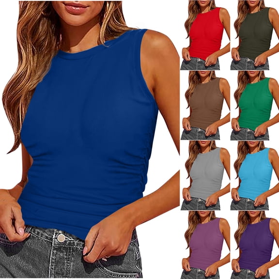 YHAJDS Women's Tank Tops Basic Undershirt Tanks Solid Color Round Neck Contoured Sleeveless Layering