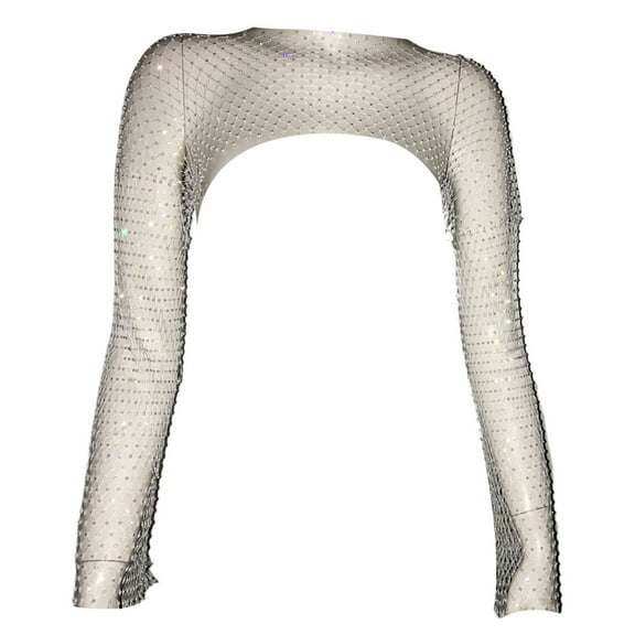 Womens Long Sleeve Hollow Out Fishnets Crop Top Aesthetic Shinning Rhinestones Boleros Shrug Sheer Cover Up Shirt