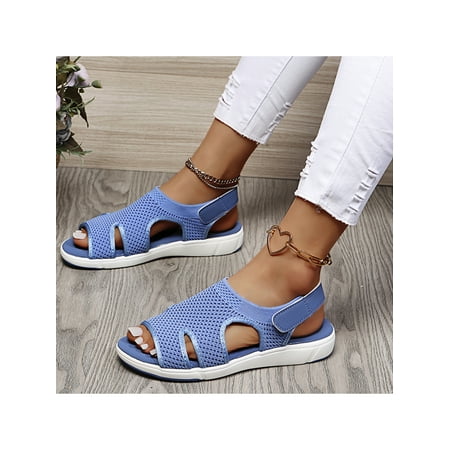 

Sanviglor Women Flat Sandals Magic Tape Summer Sandal Ankle Strap Shoes Travel Breathable Anti Slip Casual Shoe Comfy Open Toe Light Blue 9