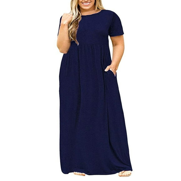 Drppepioner Plus Size Women Casual O-Neck Summer Short Sleeve Solid Loose Pocket Long Dress