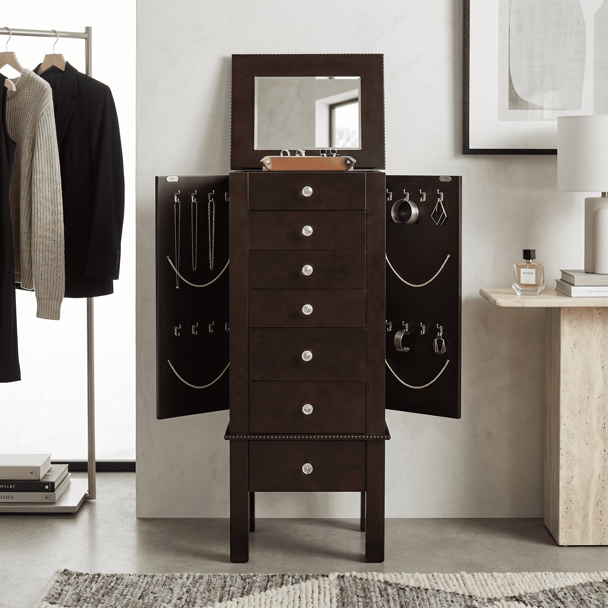 Hives & Honey - Crystal Standing Women's Wood Jewelry Armoire - Espresso