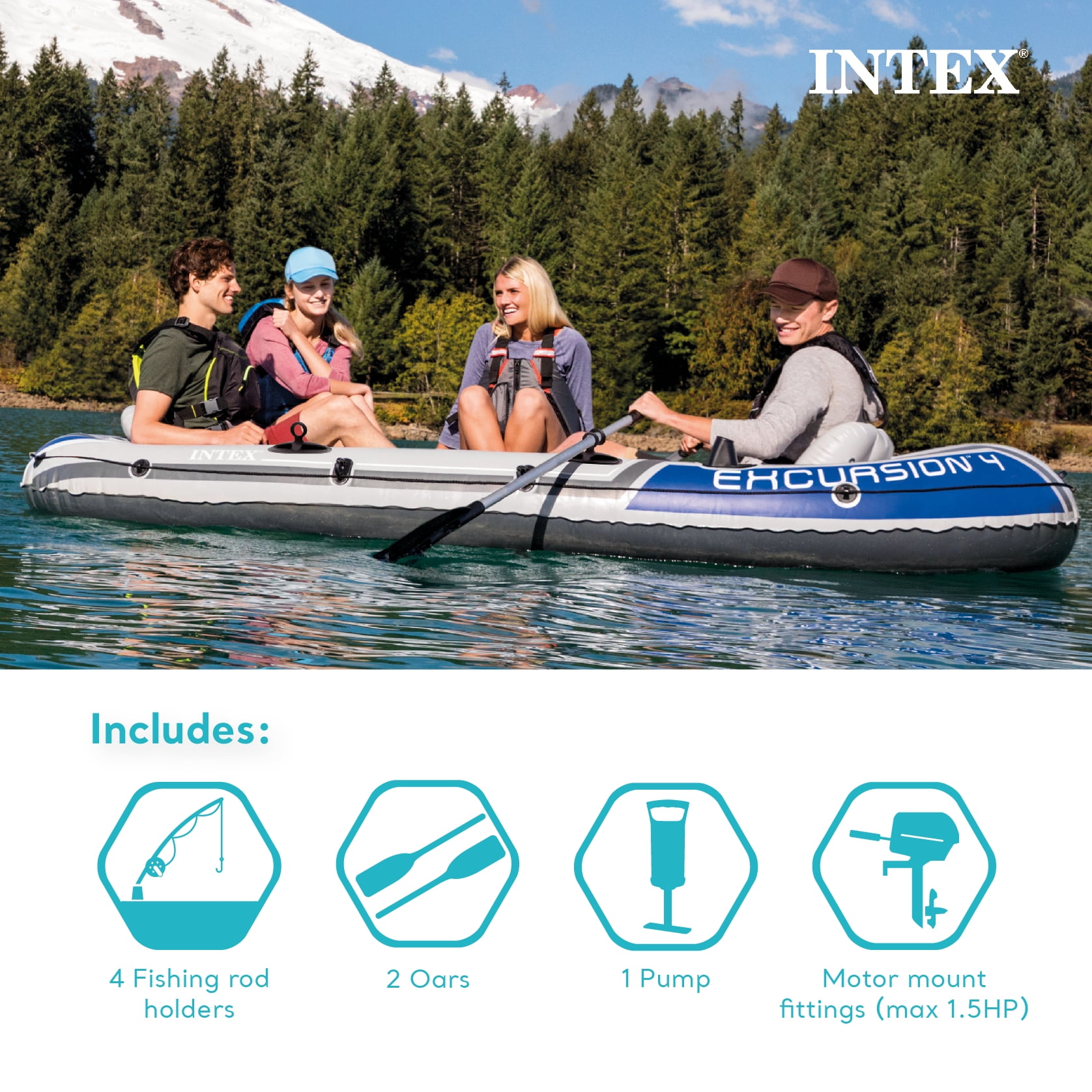 Intex Inflatable 5-Person Boat Set, 12V Trolling Motor, Motor
