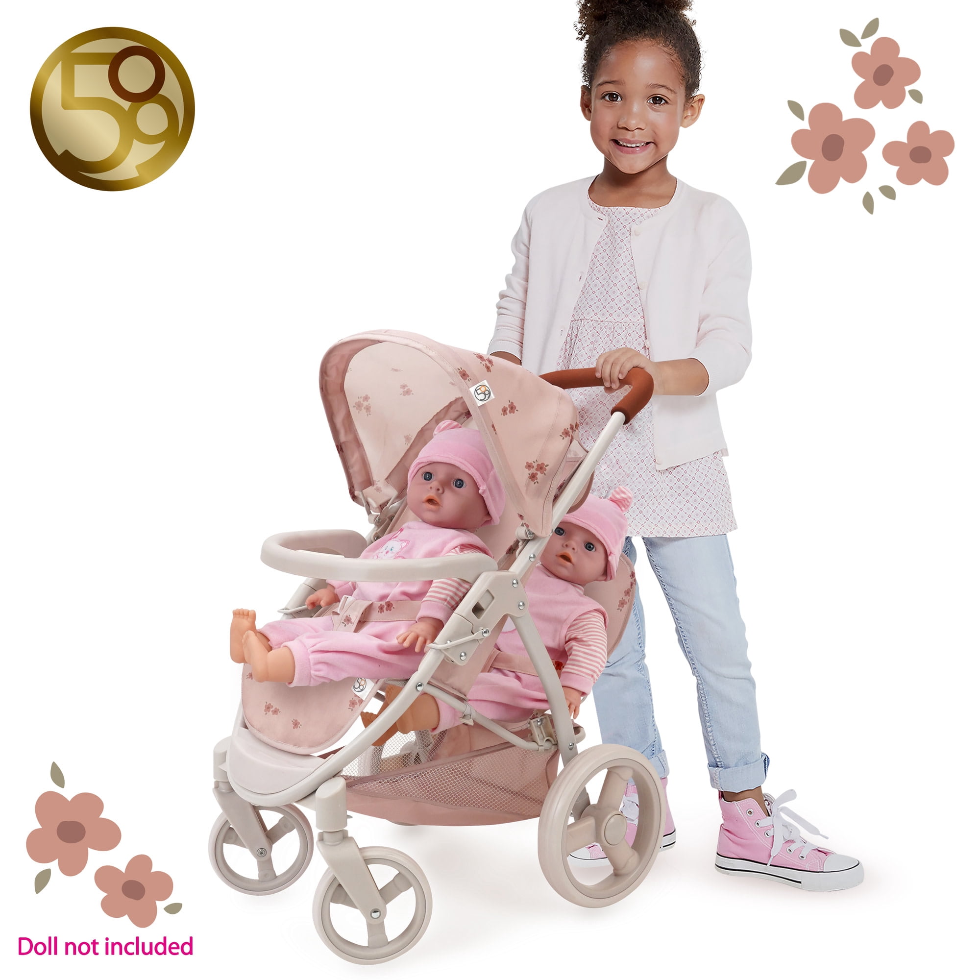 509 Crew: Ballet Flora - Mabelle Duo Twin Doll Stroller - Soft Pink & Flowers, Sun Canopy, Storage Basket, Foldable, Doll Care Accessory Toy, Kids 3+