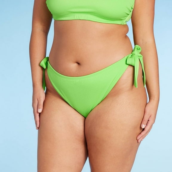 Wild Fable Women's Bikini Bottoms Ribbed Side-Tie Scoop Front High Leg Cheeky X Green