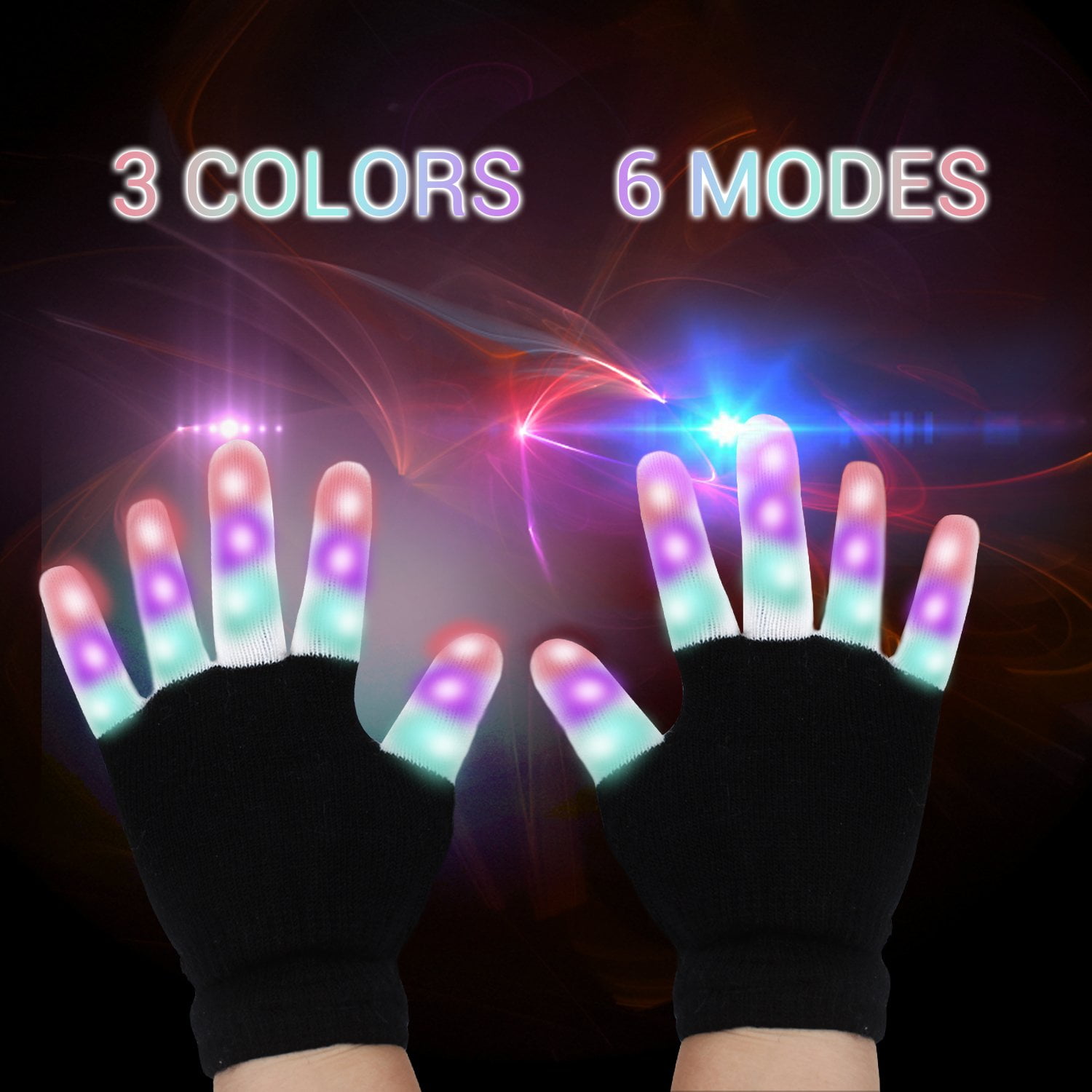 Black Multi-Color LED 6 Function Rave Party LightUp Flashing Gloves 
