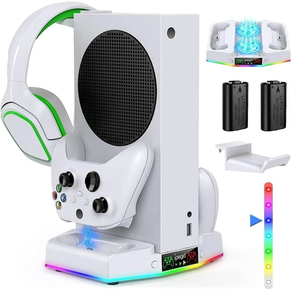 Cooling Stand & Charging Station for Xbox Series S with RGB Light - Dual Controller Charger & Cooler Fan for Xbox Series S Accessories with 2*1400mAH Batteries and Headphone Hook