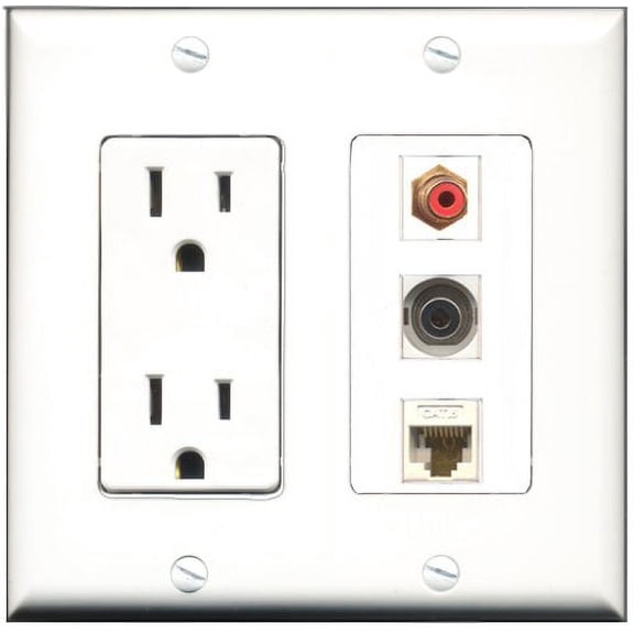 RiteAV - 15 Amp Power Outlet 1 Port RCA Red 1 Port 3.5mm 1 Port Cat6 Ethernet Ethernet White Decorative Wall Plate
