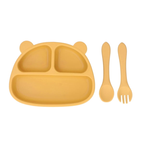 Plato de cena para bebé, 3 rejillas divididas, platos de entrenamiento resistentes a caídas de silicona suave con cuchara, tenedor, plato de cena de jengibre, cuchara y tenedor