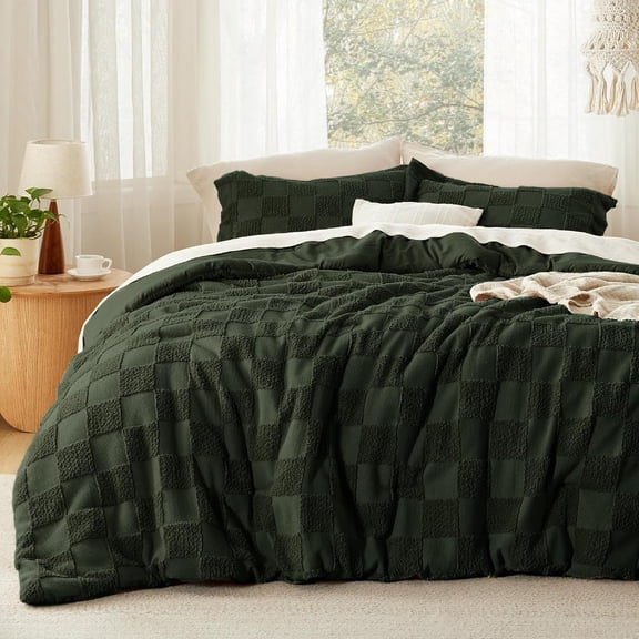 Queen Size Dark Olive Green Tufted Checkered Comforter Set with Pillow Shams