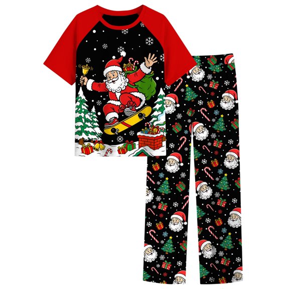 Aideaone Christmas Boys' Pajamas Set Short Sleeves Tops & Long Pants 2-Piece Printed Kid Sleepwear Pajamas Set for Boys 6-14Y