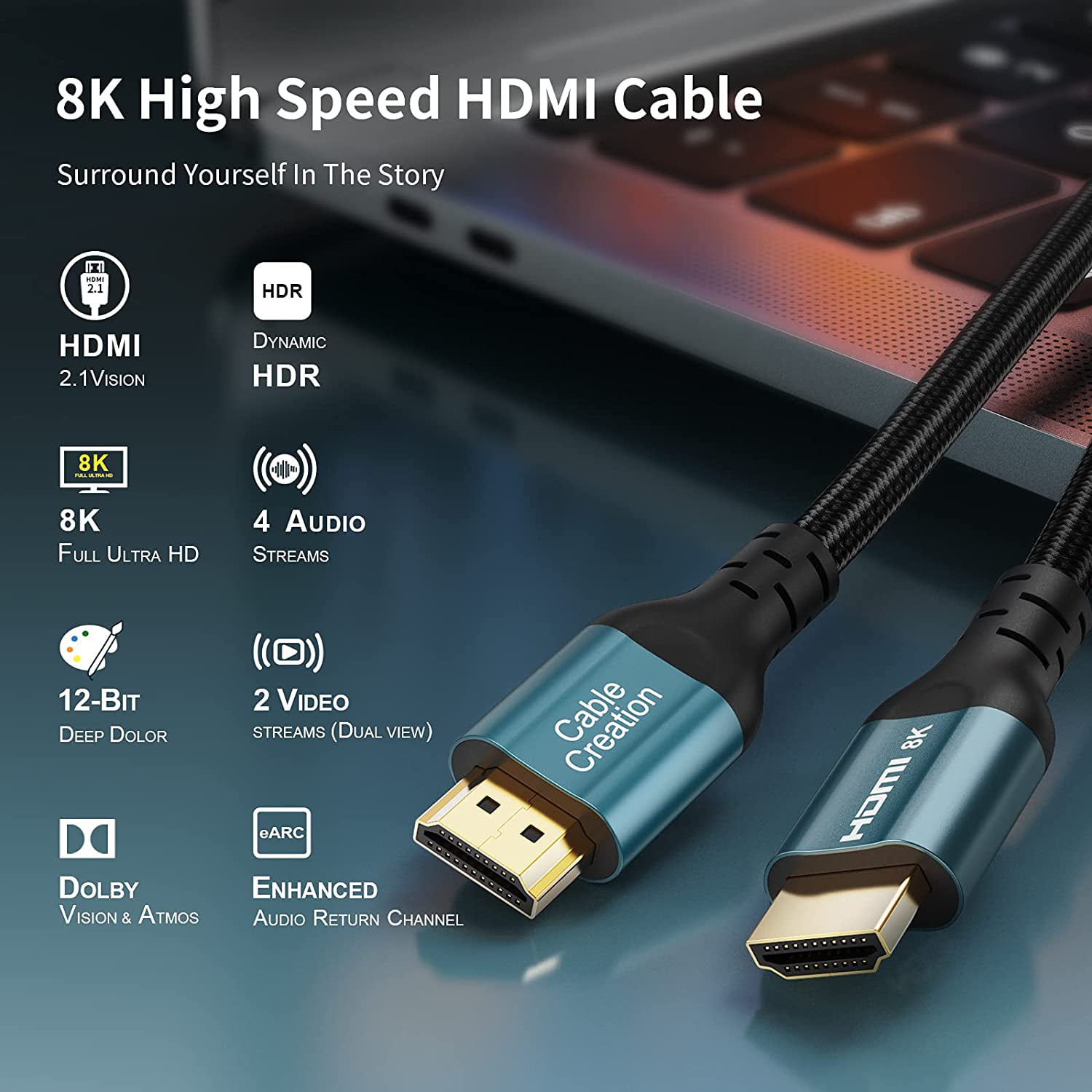 8K HDMI 2.1 Cable 10FT, Jansicotek 48Gbps High Speed 3D 8K60 4K120 144Hz  eARC RTX 3090 HDR10 4:4:4 HDCP 2.2&2.3 Dolby Compatible with Playstation  5/PS5, Xbox Series X, Roku/Fire/Sony/LG 